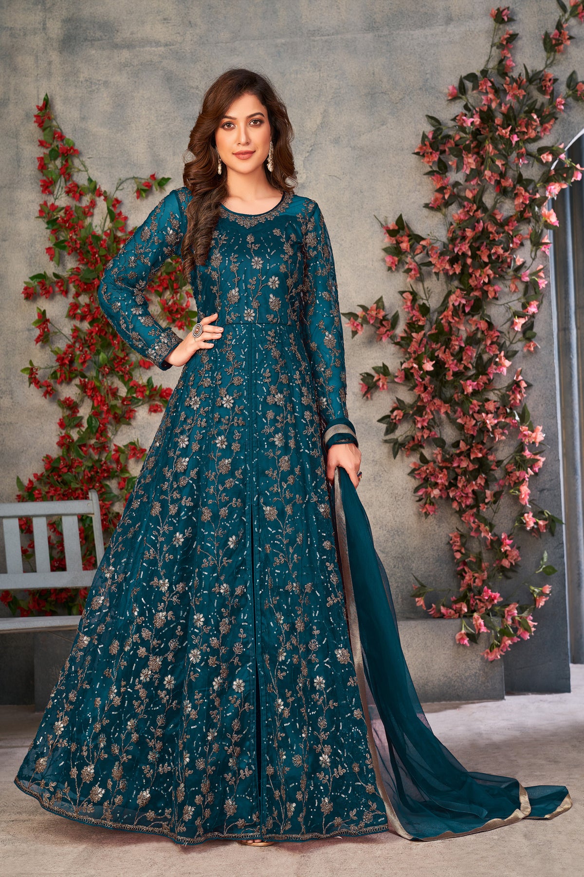 Women's Net Embroidered Semi Stitch Top With Unstitch Santoon Bottom A