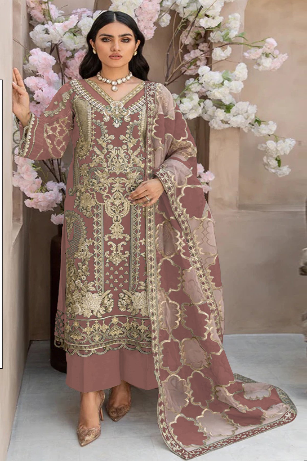 organza embroidered semi stitched straight suit set for women