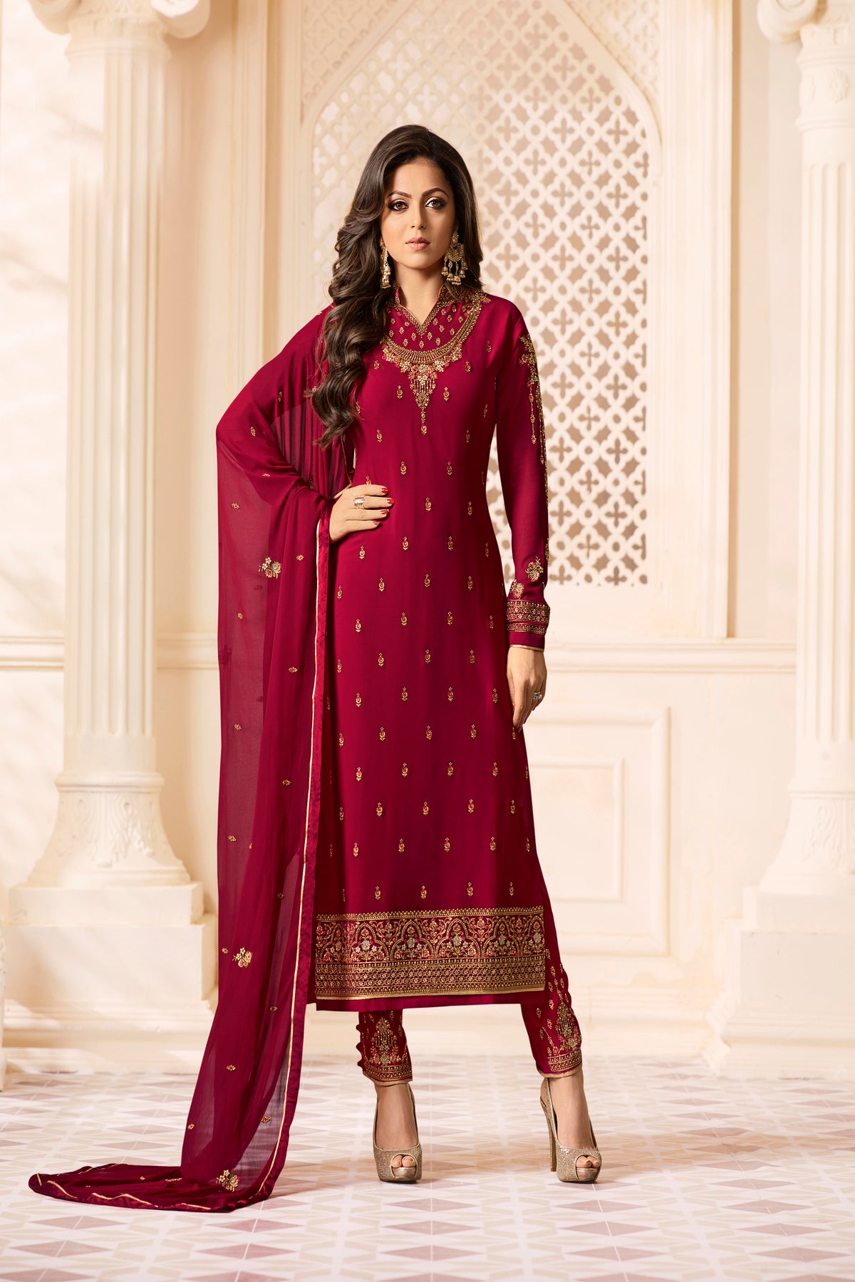 Red Georgette Embroidered Straight Pant Suit Party Wear For Women