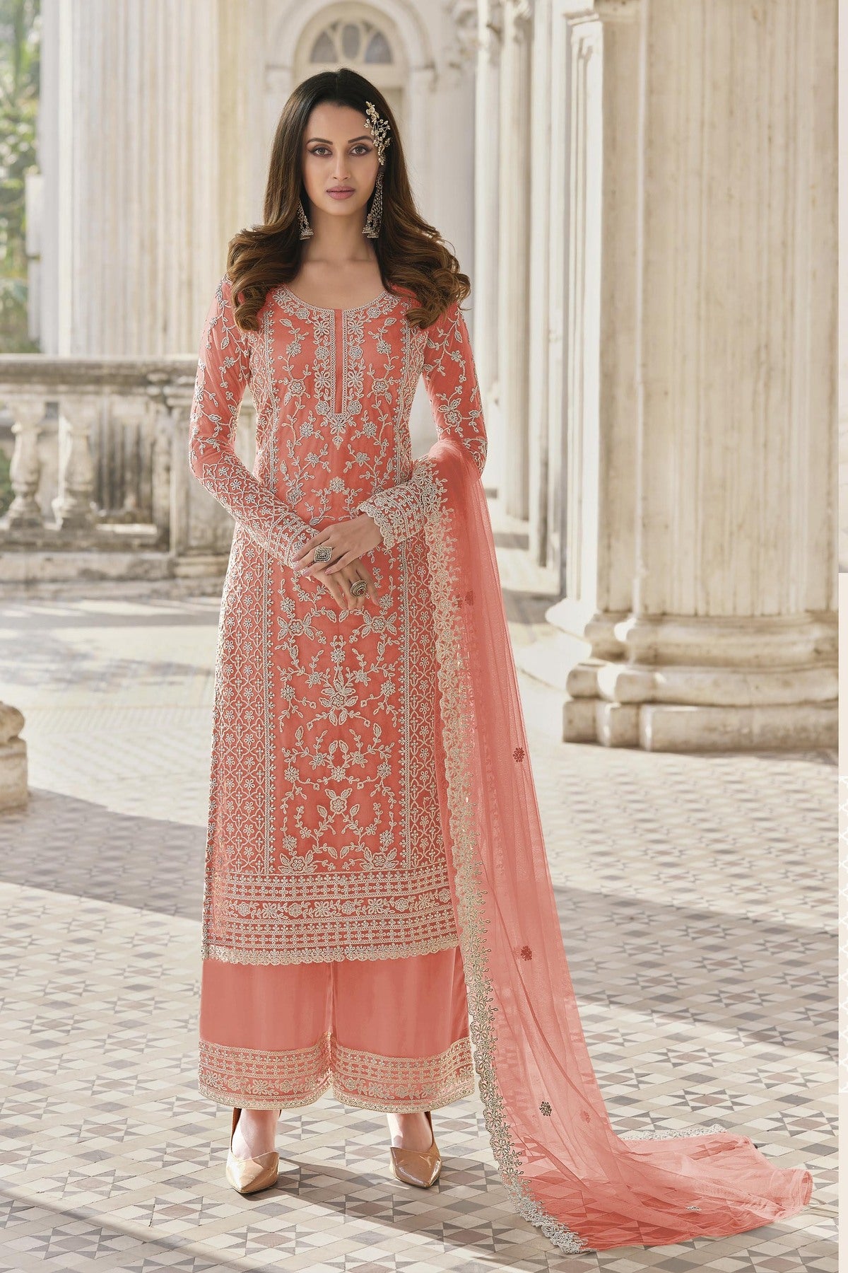 Anarkali Net And Satin Palazzo Suits For Women