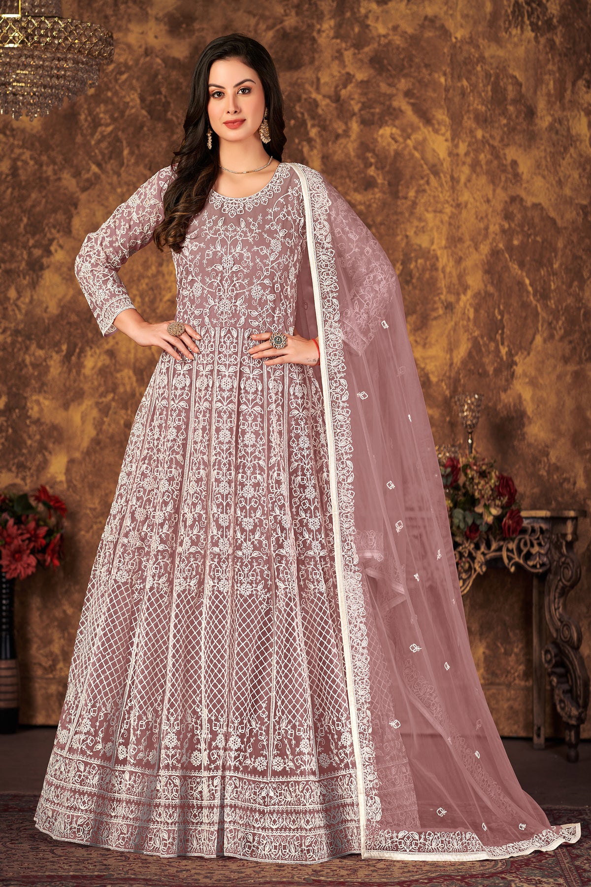 Net fabric Embroidered Work Full Flair Party Wear Semi Stitched Gown With Dupatta Net fabric Embroidered Work Full Flair Party Wear Semi Stitched Gown With Dupatta