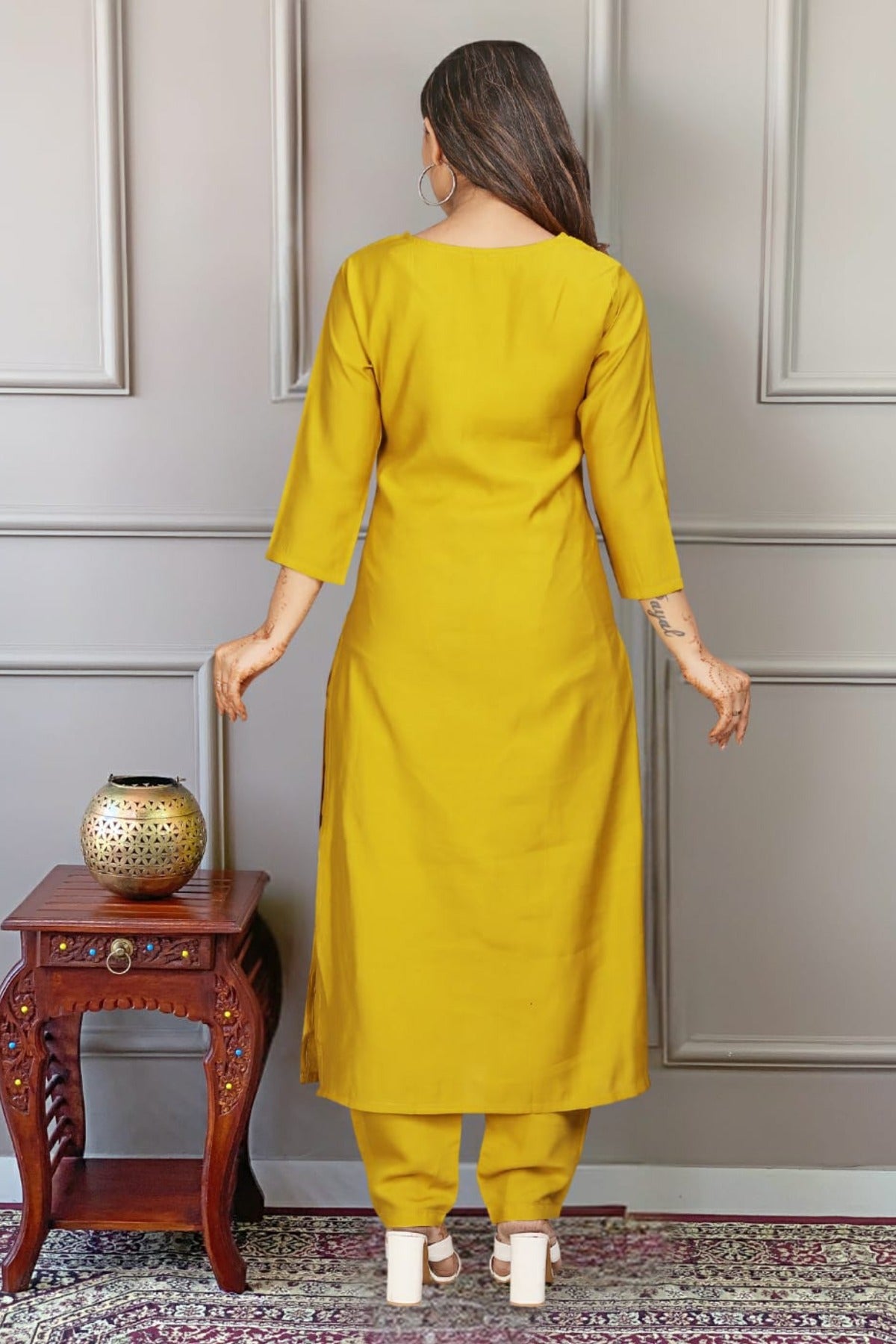 yellow color embroidered viscose fabric stitched designer kurta pant dupatta set