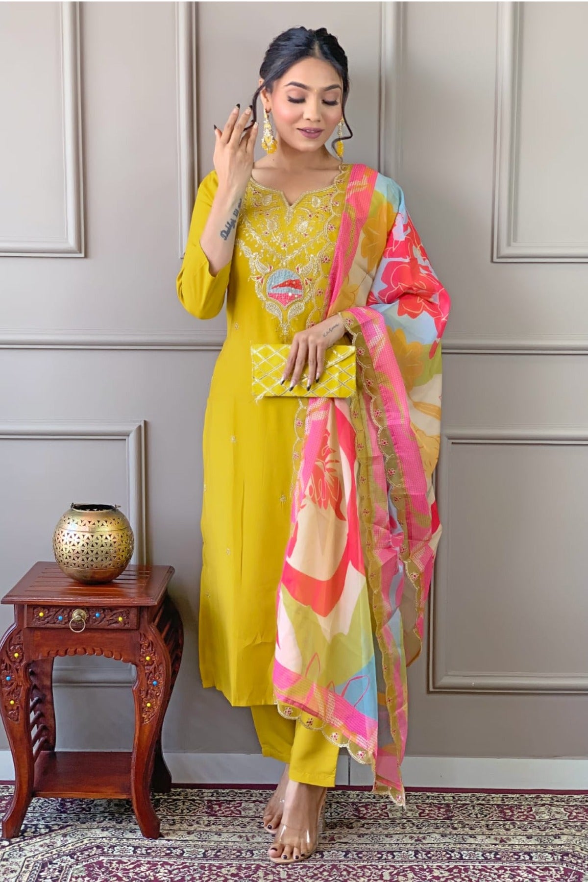 yellow color embroidered viscose fabric stitched designer kurta pant dupatta set