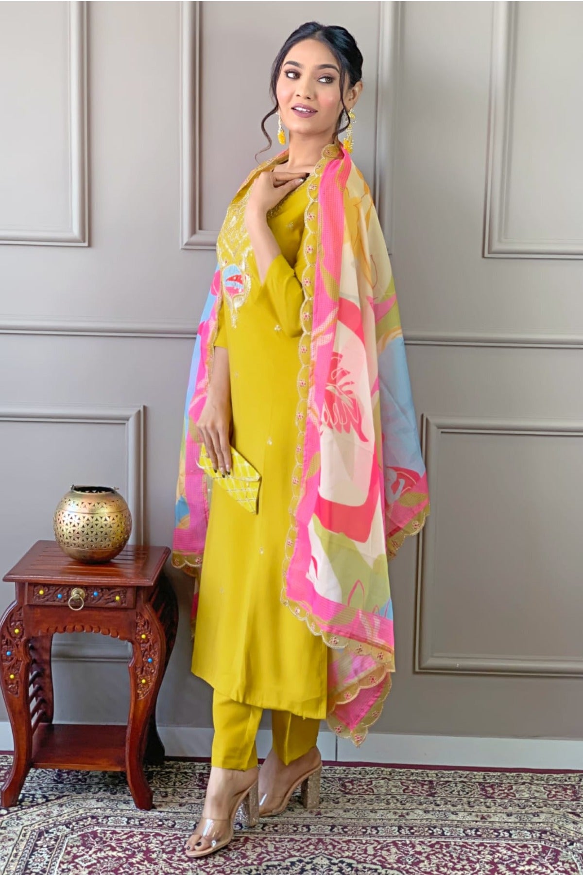 yellow color embroidered viscose fabric stitched designer kurta pant dupatta set
