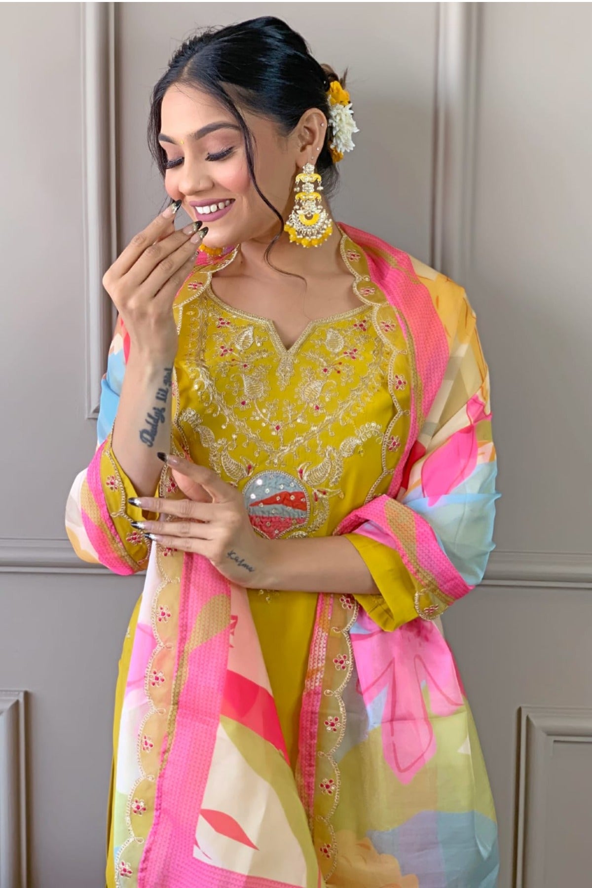 yellow color embroidered viscose fabric stitched designer kurta pant dupatta set