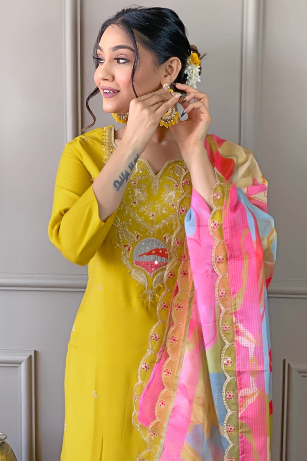 yellow color embroidered viscose fabric stitched designer kurta pant dupatta set
