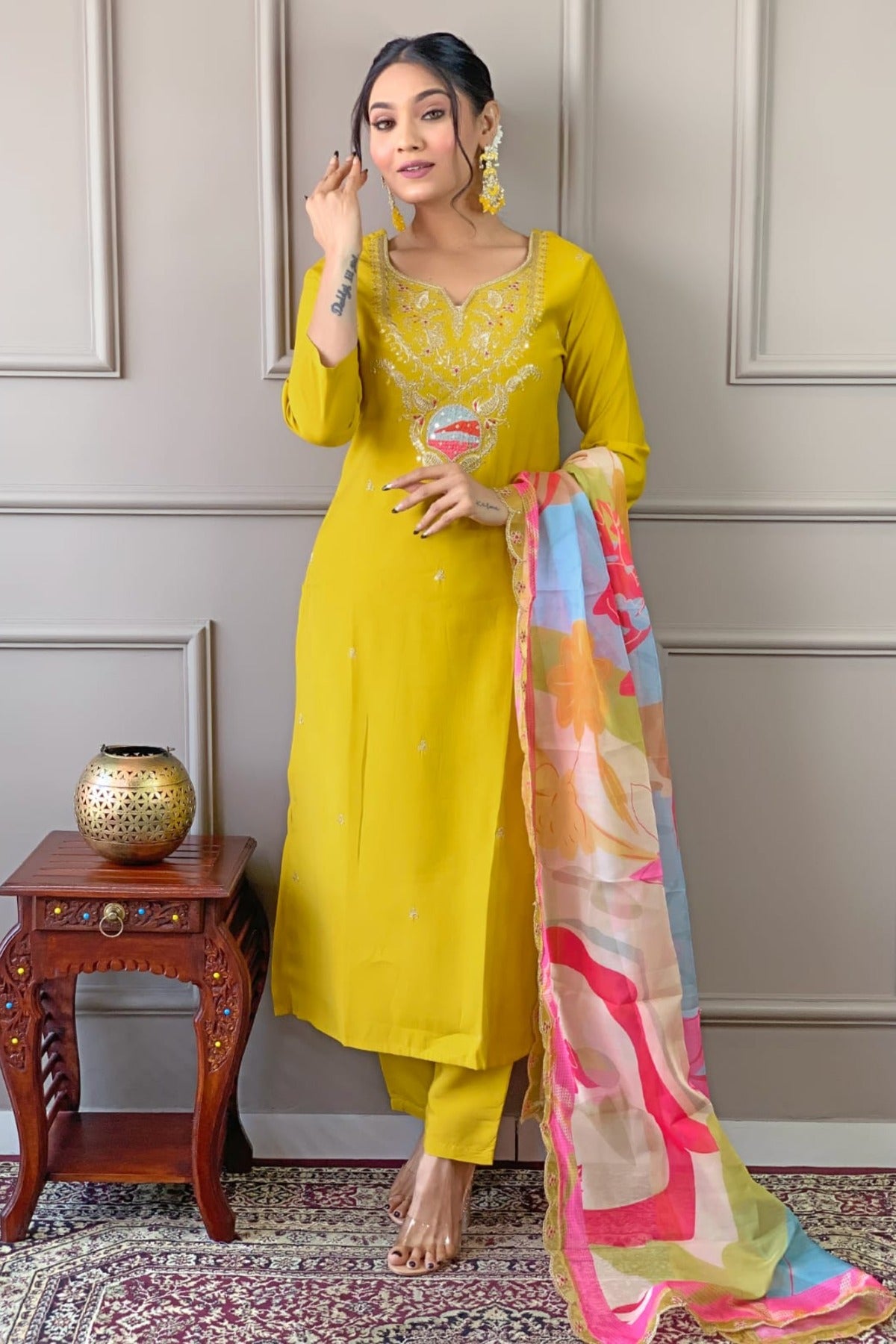yellow color embroidered viscose fabric stitched designer kurta pant dupatta set