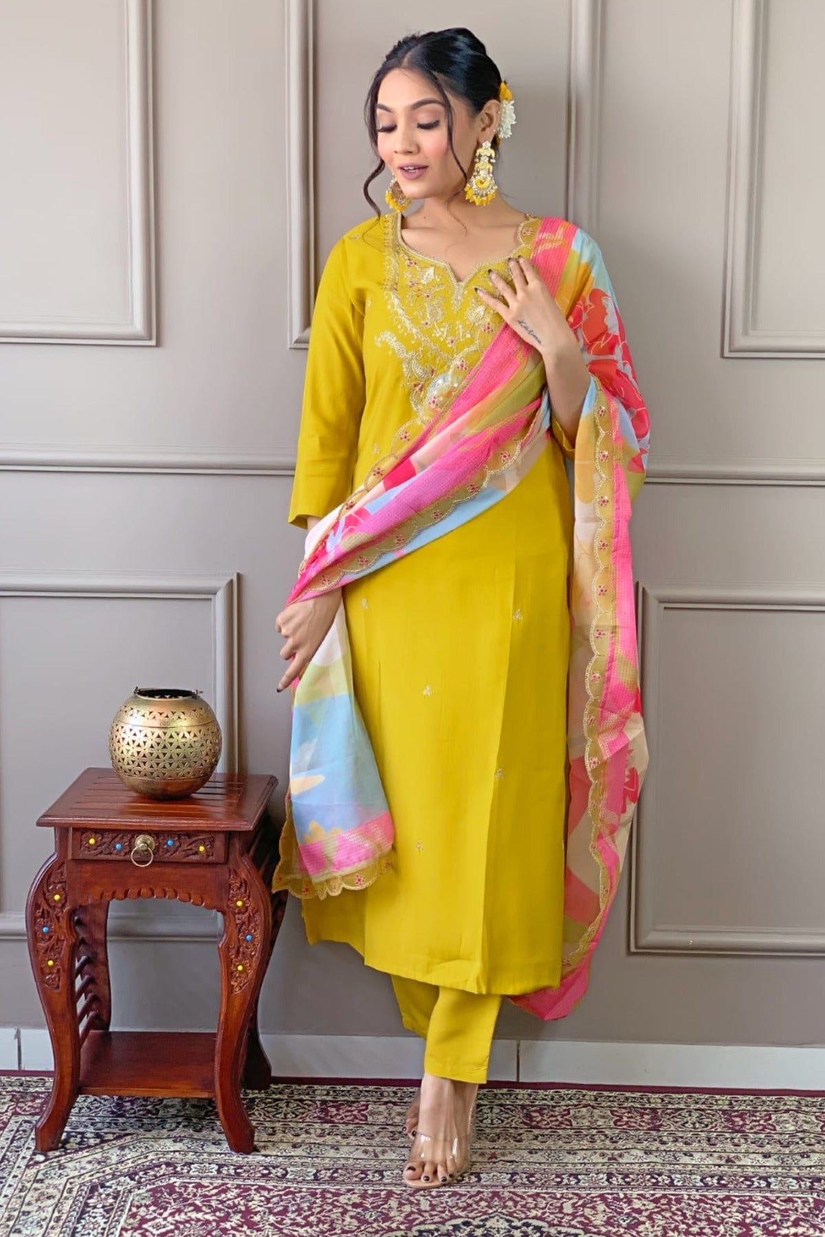 yellow color embroidered viscose fabric stitched designer kurta pant dupatta set