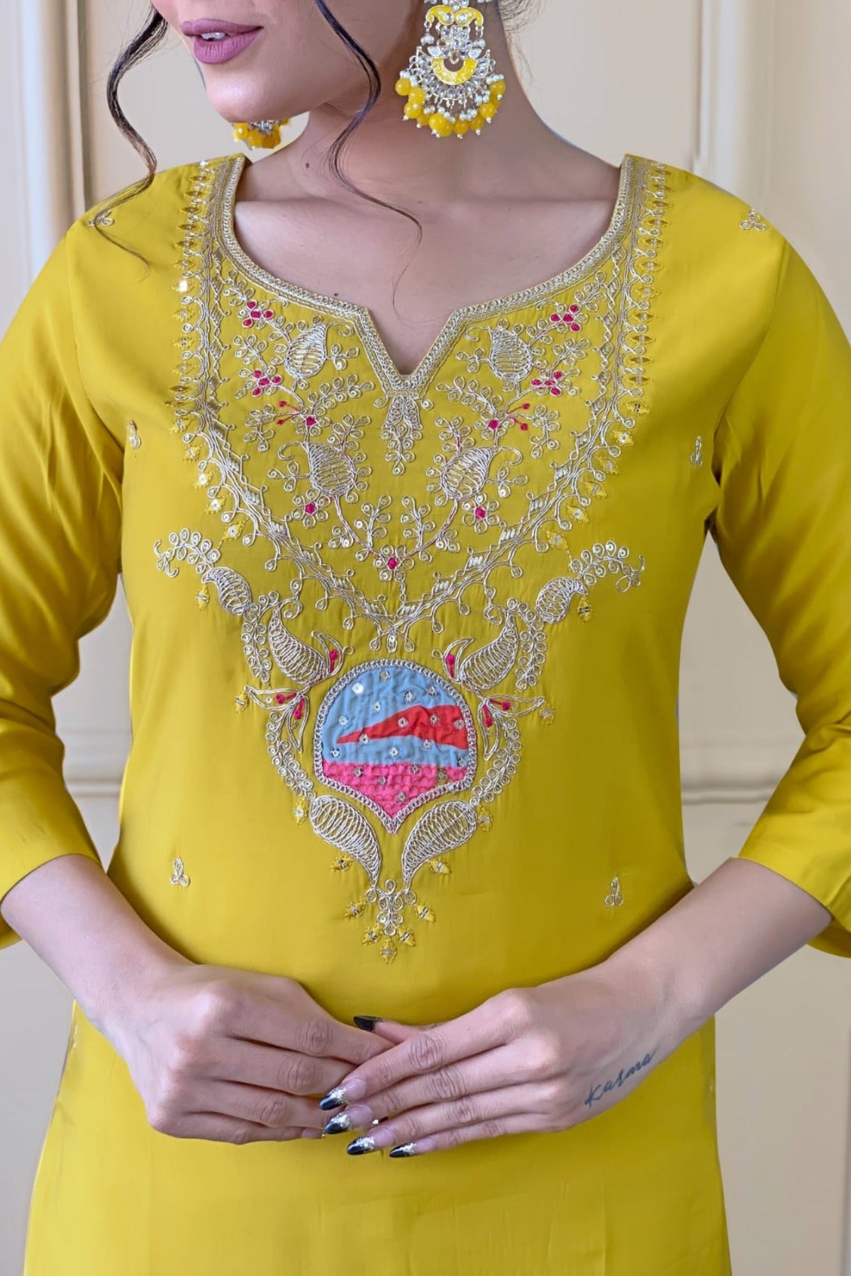 yellow color embroidered viscose fabric stitched designer kurta pant dupatta set