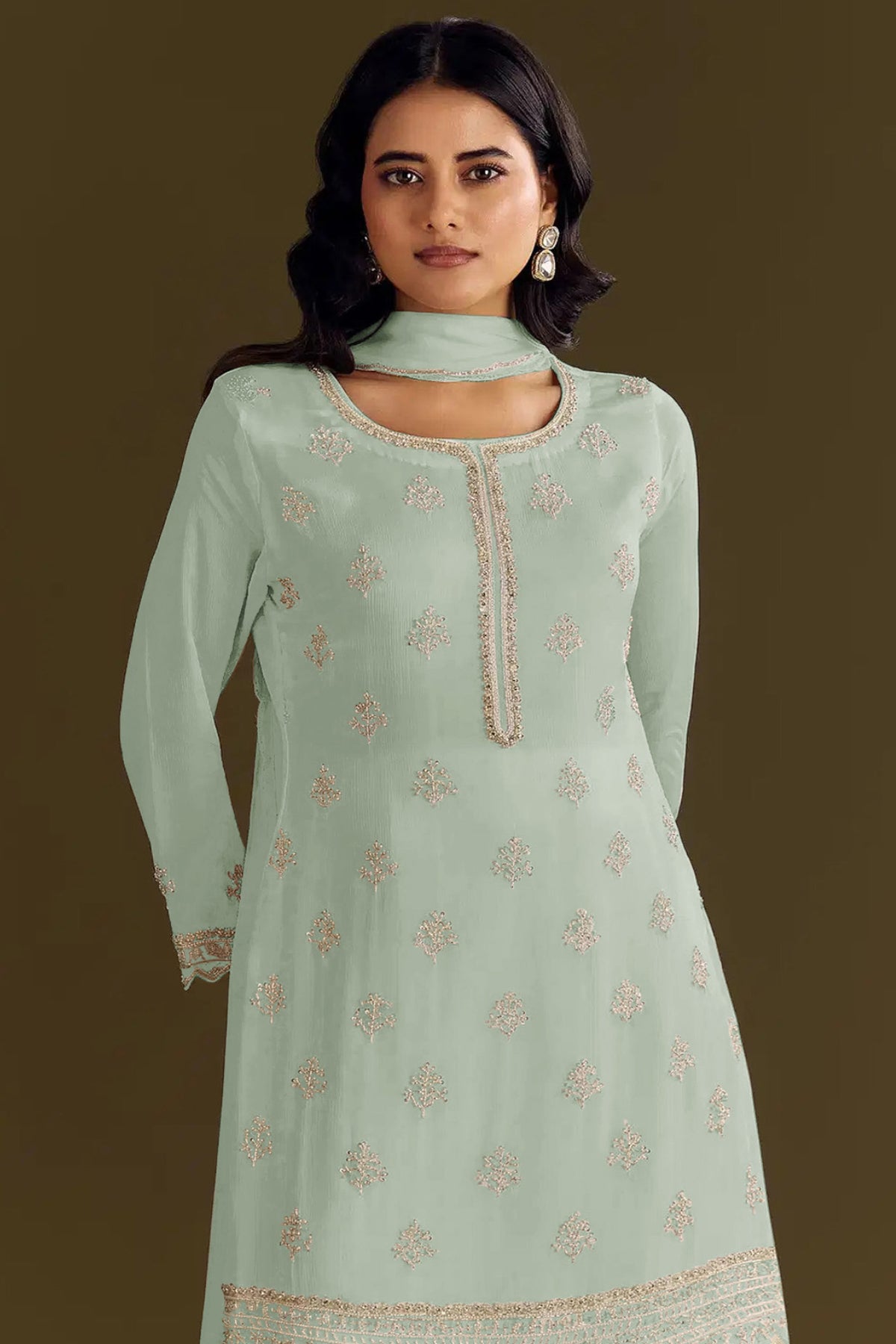 chinon semi stitched embroidery beads work straight palazzo party wear anarkali suit with dupatta